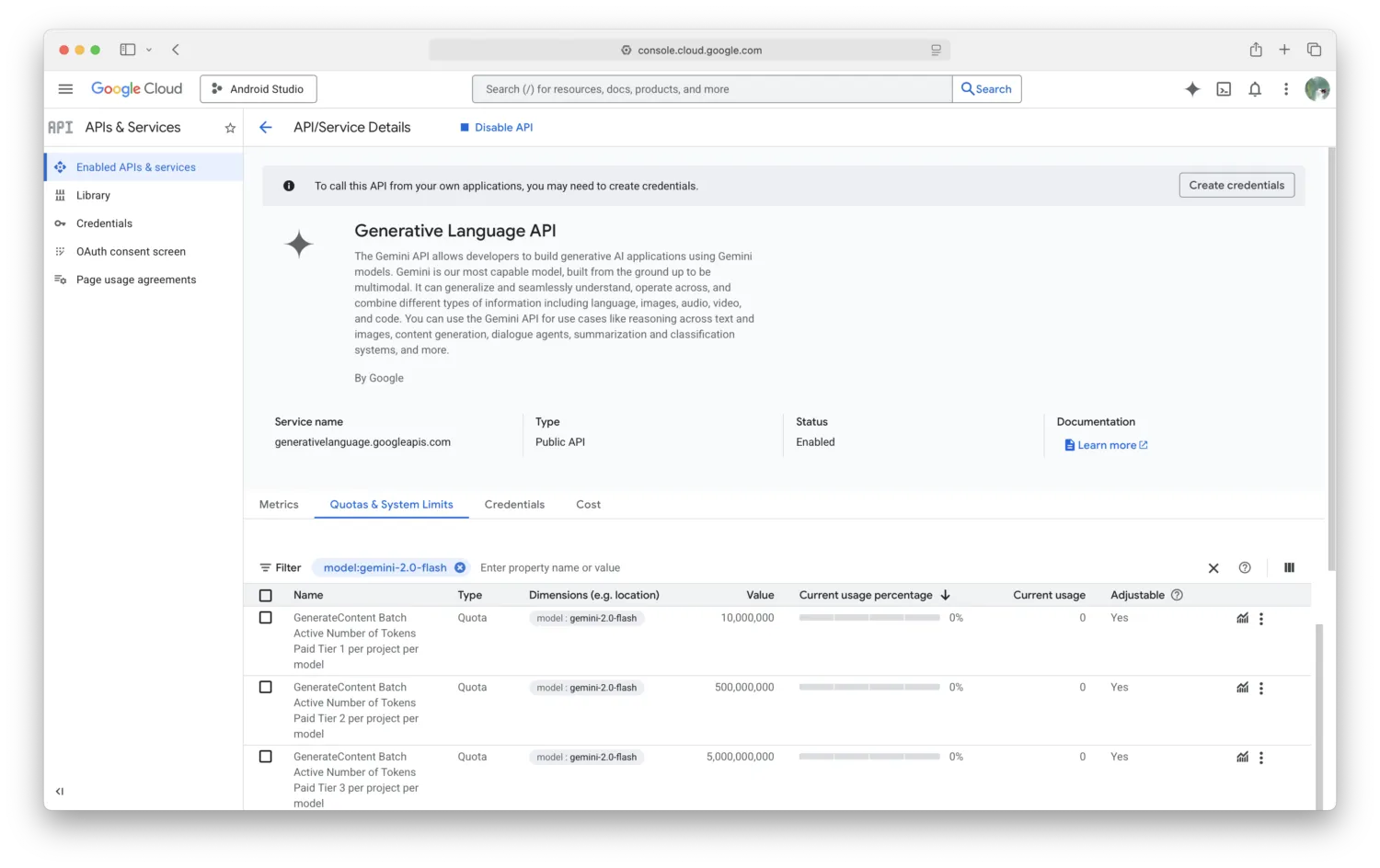 Gemini api quota in google cloud console